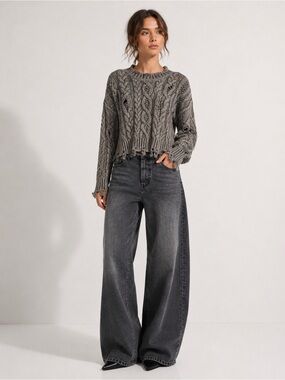 Zara Distressed Metallic Thread Cropped Cable Knit Sweater - L